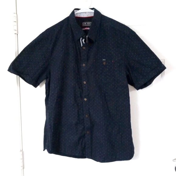 LON NYC Men’s Size Large Button Down Shirt Navy Blue 100% Cotton Short Sleeve - Picture 1 of 7